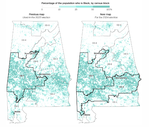 The new map is mostly the same, 
except that AL-01 and AL-O2 went from being vaguely squarish to being more like a belt that runs across the states, such that
south AL-02 is now part of AL-01 and north AL-01 is now part of AL-02.