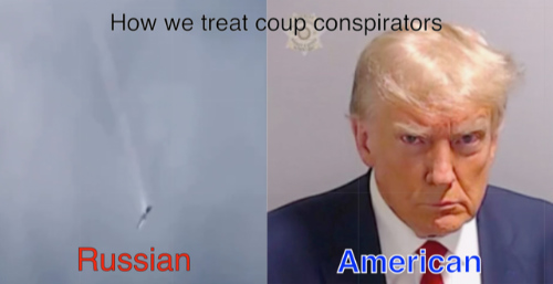 A comparison of Russian and American handling
of the leaders of coups; on the American side it has Trump's mugshot and on the Russian side it is blank
