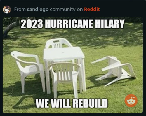 It shows a lawn furniture set where one chair has
fallen over and says 'WE WILL REBUILD'