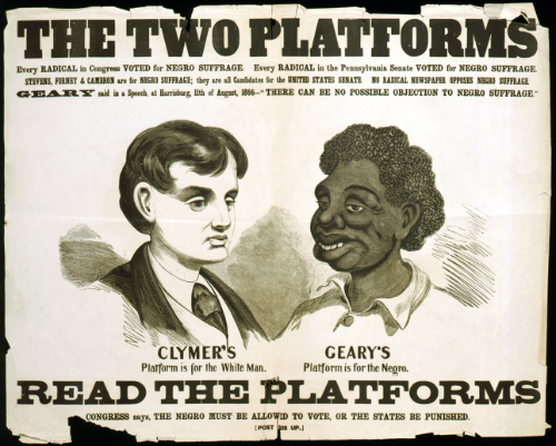 An 1868 poster that compares the Republican and Democratic
platforms, and associates the Democratic platform with a very respectable white man, and the Republican platform with a very stereotypical Black man 