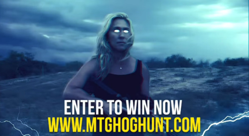 An advertisement for the Marjorie Taylor Greene 'Hog Hunt' where she's carrying a high-powered semi-automatic rifles and has glowing eyes