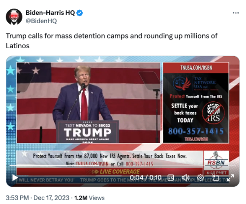 A video with the note 'Trump calls for mass detention camps and rounding up millions of Latinos'