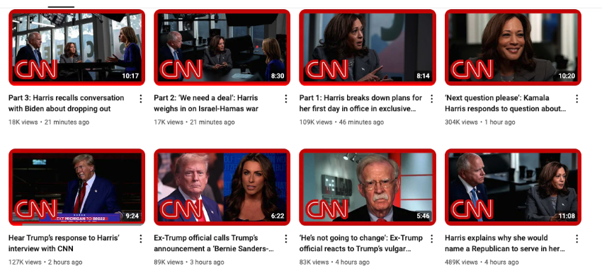 There are eight clips. At the time
we took the screenshot, the three interview clips were less than an hour old. The Trump says you're not Black
clip was an hour old, Trump responding to the interview was 2 hours old, and the clip about a Republican in the
Cabinet was 4 hours old