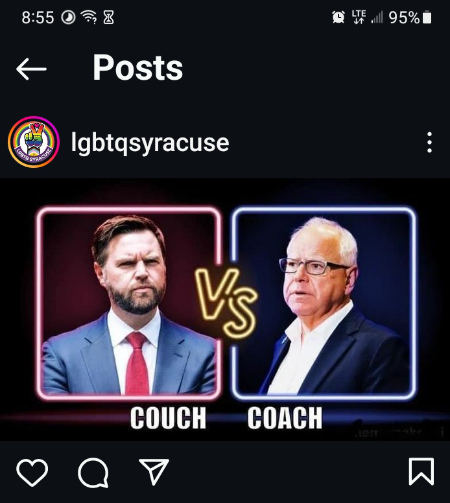 It has Vance and Walz, and the caption 'The Couch vs. the Coach