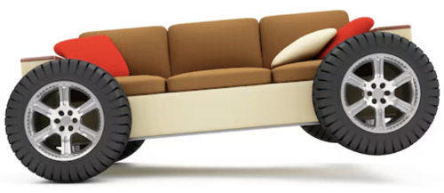 A couch with racecar
wheels