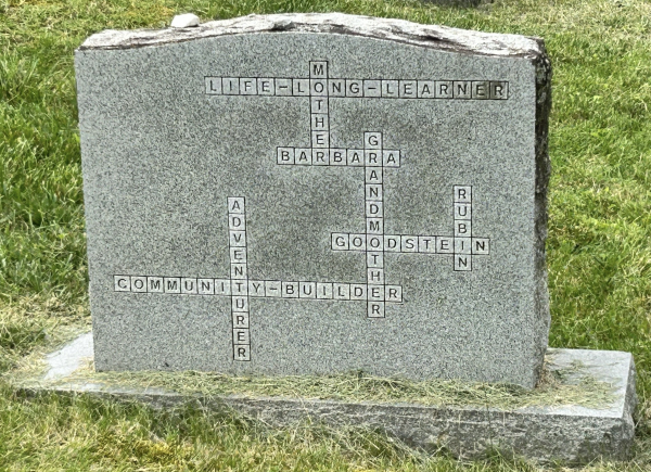 The headstone of Barbara Rubin-Goldstein
is presented in the form of a crossword puzzle, including her name and some of her accomplishments like 'mother' and
'adventurer.'