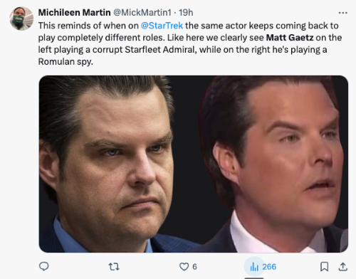 This reminds of when on @StarTrek the same actor keeps coming back to play completely different roles. Like here we clearly see Matt Gaetz on the left playing a corrupt Starfleet Admiral, while on the right he's playing a Romulan spy.