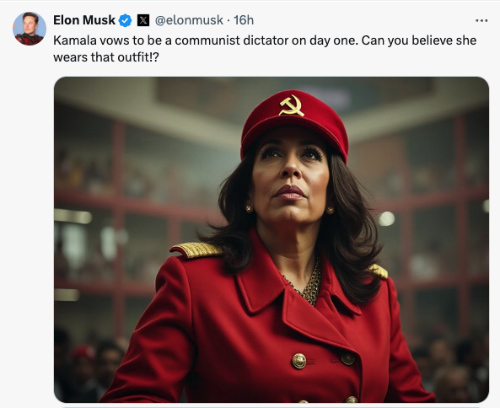 It says: 'Kamala vows to be a communist 
dictator on day one. Can you believe she wears that outfit!?' and shows her in a red suit with a red cap adorned with the hammer and
sickle