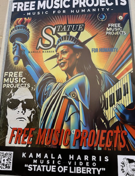 It promotes free music, and
has Harris rendered as the Statue of Liberty