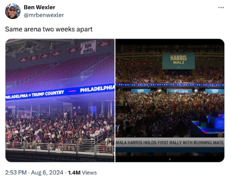 The tweet says 'Same
arena two weeks apart' and shows very clearly that the upper bowl is empty for Trump, full for Harris.