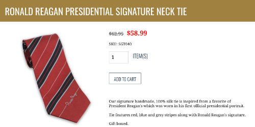 Ronald Reagan tie, it's predominantly red, but it
has 1/2-inch wide blue stripes with white borderlines