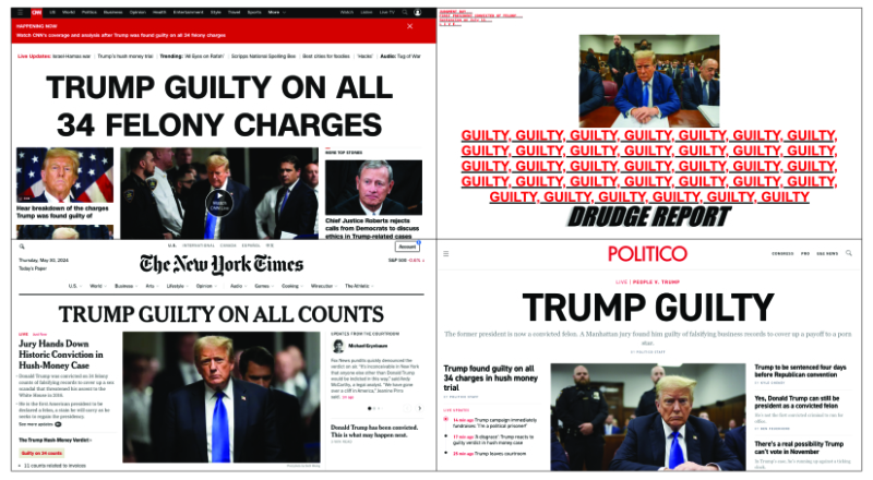 CNN, the NYT, Politico and
the Drudge Report. The Drudge headline is just the word 'guilty' repeated 34 times