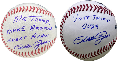 Two Pete-Rose-signed baseballs;
one says 'MR. TRUMP, MAKE AMERICA GREAT AGAIN' and the other says 'VOTE TRUMP 2024'