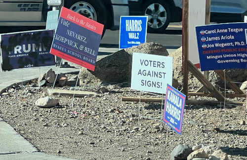 Two Harris-Walz signs,
two for local Republican candidates, a Trump sign that has been spray painted upon, and a sign that says 'Voters Against Signs'