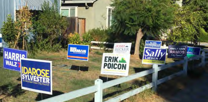 About a dozen signs,
mostly for local candidates