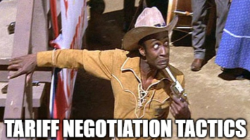 A screen capture from 'Blazing Saddles'
where the Black sheriff is holding himself hostage to fool the stupid townspeople, with the caption 'TARIFF NEGOTIATION TACTICS'