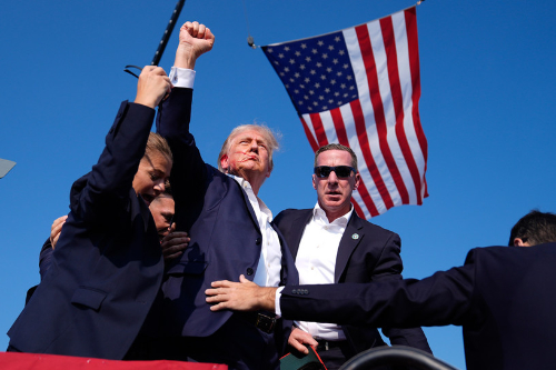 Trump raises a fist, in the
style of Malcolm X