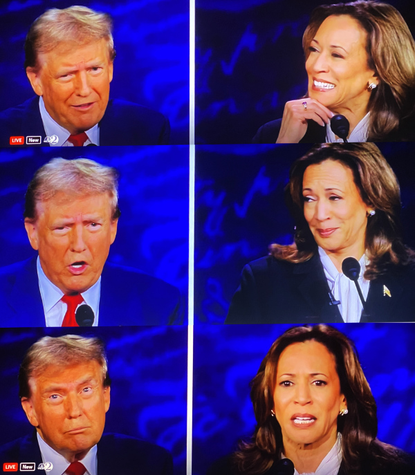 Three are three sets,
and we would describe them as Trump skeptical/Harris laughing; Trump angry/Harris doing the 'Mmmm Hm' look'; 
and Trump goofy/Harris serious