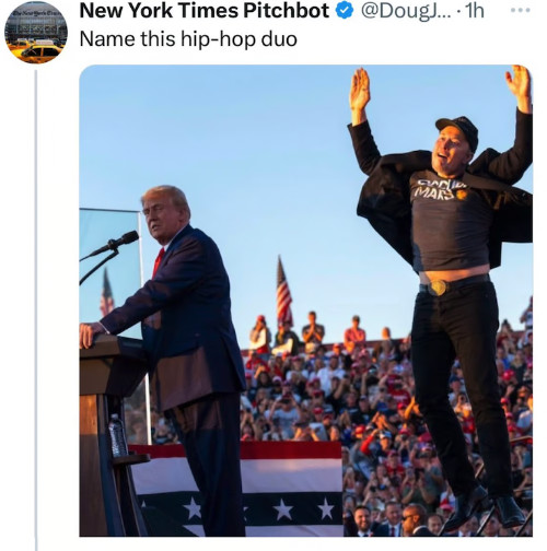 It shows Trump speaking,
Elon Musk jumping for joy for some reason, and has the comment: 'Name this hip-hop duo'