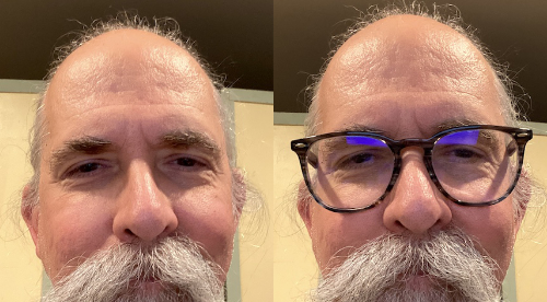 A person with beard and no glasses,
and then the same with glasses