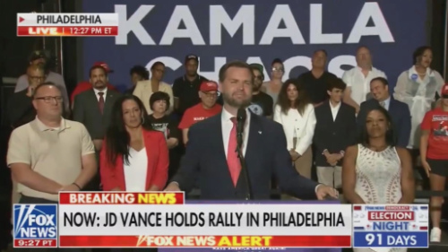 You can only see 'HARRIS,' making it
look like Vance is campaigning for the Democratic ticket