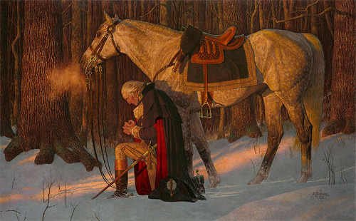 George Washington kneeling in prayer, next to his horse