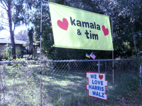 The banner says 'Kamala.
and Tim, the sign says 'WE LOVE HARRIS WALZ'