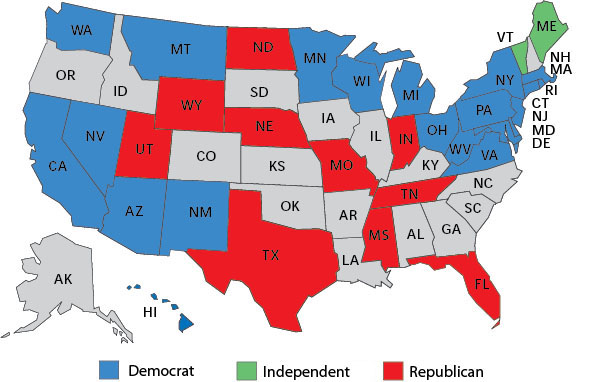 2024 Senate map, the red seats up are all in
the Midwest, the South and the mountain states, while the Democrats have seats up in the upper South, pretty much all of New England,
the Southwest, the upper Midwest, and Montana