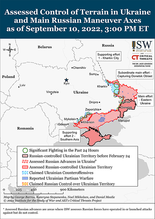 Ukraine map showing the fighting; 
all the fighting is in the east and southeast, comprising about 15% of the whole country. The Russians have trouble in nearly
all the territory they've taken during this war; they're still OK in the territory they took 10 years ago.