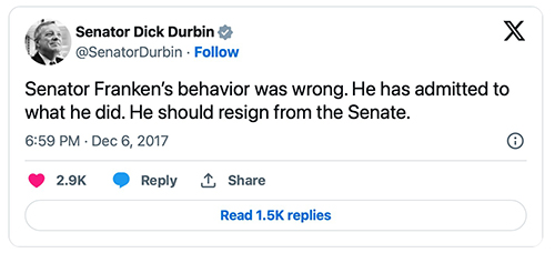 Dick Durbin's tweet calling on Al Franken to resign