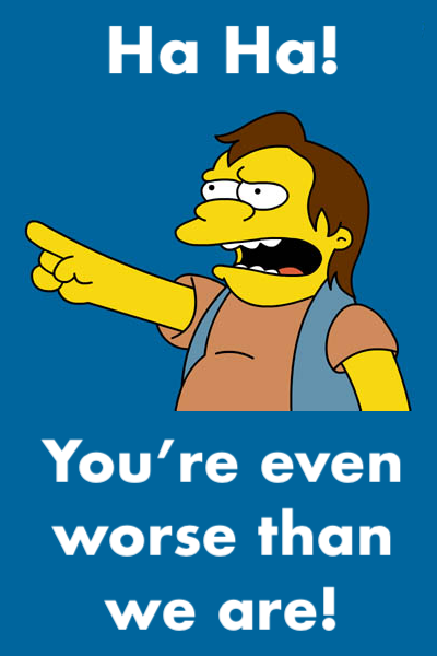 A picture of the character Nelson Munz
from 'The Simpsons,' with the text 'Ha Ha! You're even worse than we are!