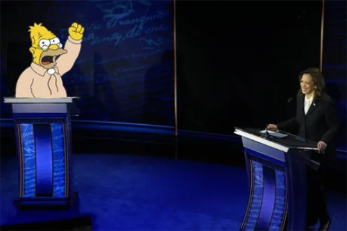 Kamala Harris at
one podium, Grampa Simpson shaking his fist at the other.