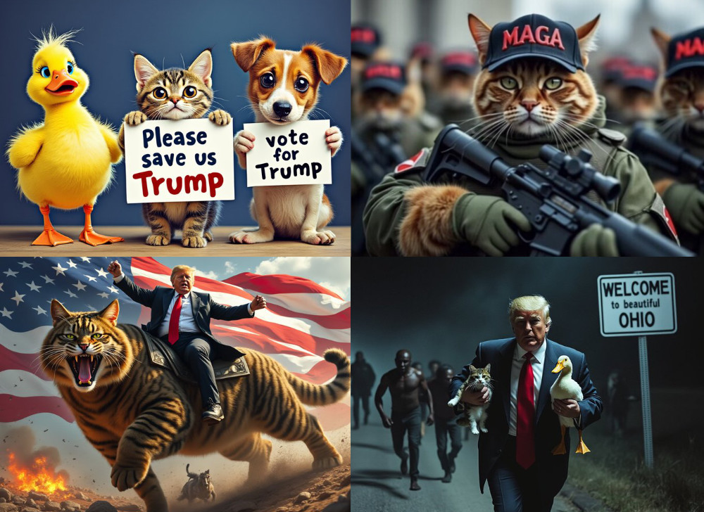 A picture of Trump carrying
a cat and a goose and running away from a group of Haitians, a cat with an AK-47 and a MAGA hat, Trump riding a giant tabby 
cat, a picture of a big-eyed baby duck, dog and cat holding signs asking you to vote for Trump to save them