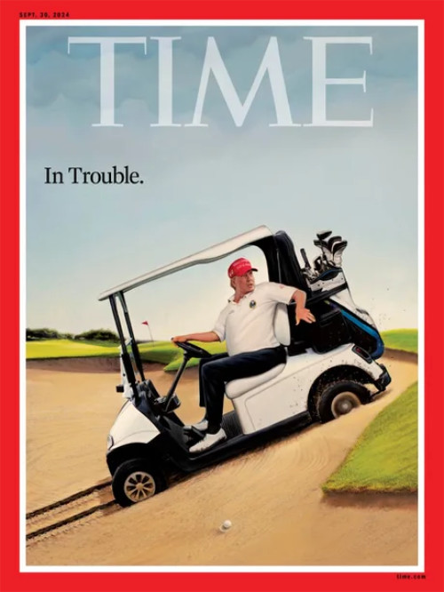 It has
a drawing of Trump in a golf cart, trapped in a sand trap, and says 'In Trouble.'