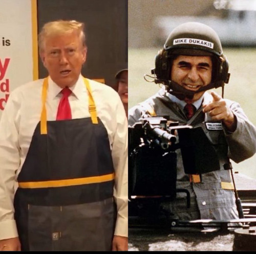 Side-by-side photos of Trump
in his apron and Mike Dukakis in the tank