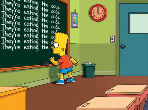 Bart Simpson, in
one of the standard pre-episode vignettes, writing 'They're eating the dogs.'