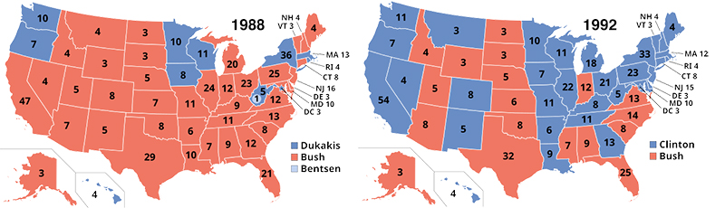 1988 and 1992 electoral college maps