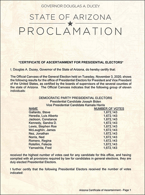 Arizona certificate of ascertainment 2020