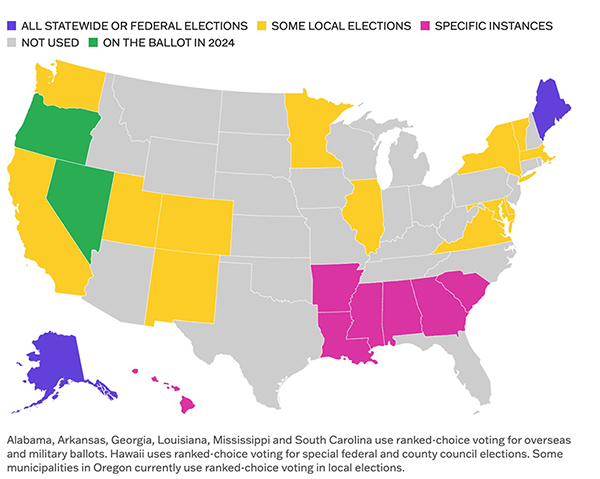 Map showing where ranked-choice voting is used