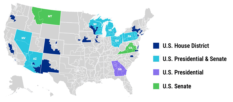 Map showing states and districts MoveOn will prioritize in 2024