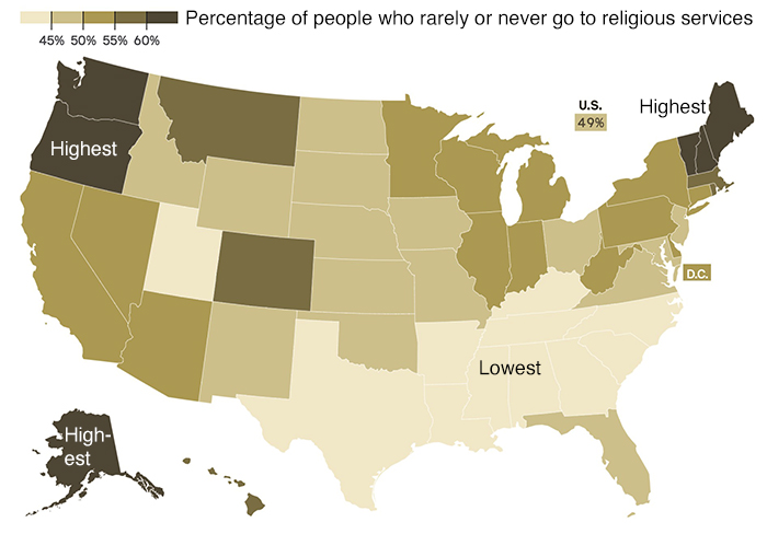 Percentage of people who rarely or never attend religious services by state