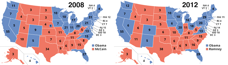 Electoral-college maps for 2008 and 2012; Obama won states like Ohio and Iowa that aren't winnables this time