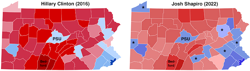 County maps of Pennsylvania colored for Hillary Clinton in 2016 and Josh Shapiro
in 2022