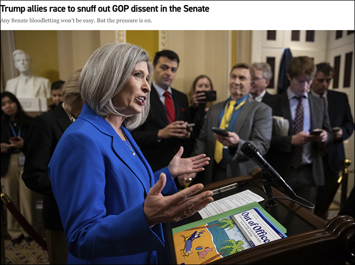 Joni Ernst speaking at a lectern, with
the headline 'Trump allies race to snuff out opposition in the Senate.' On the lectern in front of her is a book or pamphlet 
with the title 'Out of Office.'