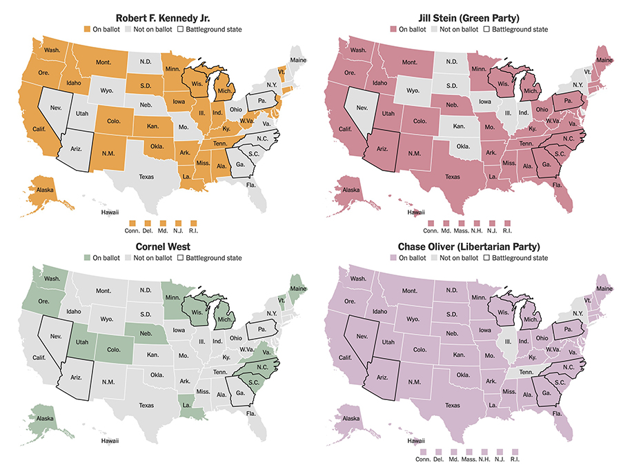 Four maps of the U.S. showing where the minor parties are on the ballot;
the Lbertarians made it in about 45 states, Stein in about 40, Kennedy in 20 or so (mostly small ones)
and West in about a dozen.