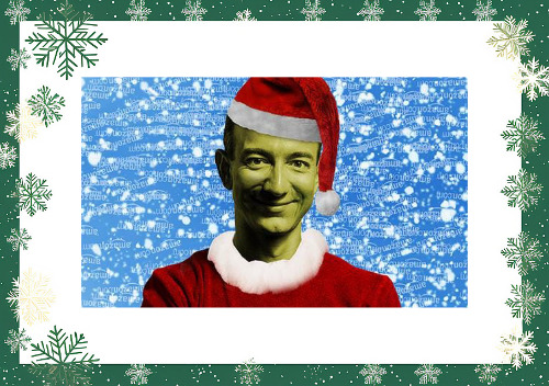 Bezos in a grinch
cap, with green-shaded skin