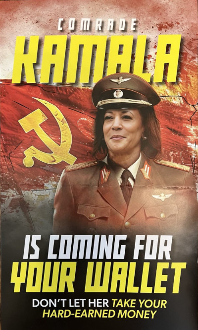 A mailer shows Kamala Harris in 
a Russian military uniform and says 'Comrade Kamala is coming for your wallet'