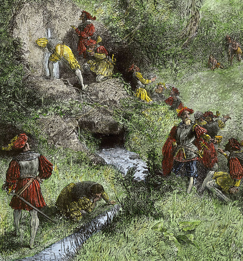 A very busy engraving of a 
bunch of Spanish soldiers, a stream, and a bunch of grass