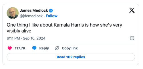 A tweet says: 'One thing I like about Kamala Harris is how she's very visibly alive'