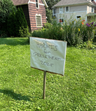 Someone has taken a Biden for President
sign and pasted over it with 'Harris for President'